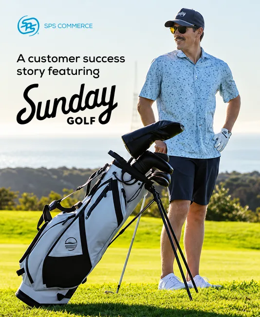 A golfer in a light patterned polo and navy shorts standing beside a white golf stand bag on a coastal fairway, with the SPS Commerce logo and the words "A customer success story featuring Sunday Golf".