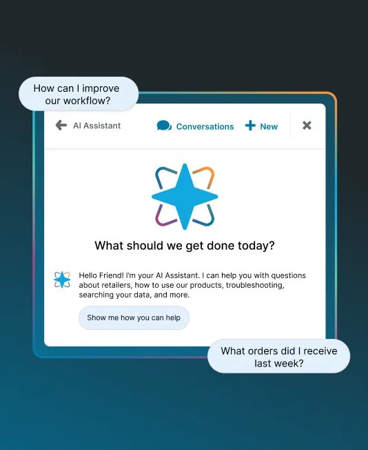 The MAX AI Assistant panel open on a conversation screen, with sample questions reading How can I improve our workflow? and What orders did I receive last week?