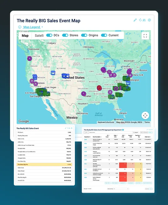 A purchase order tracking view titled The Really BIG Sales Event Map, with distribution centres, stores and origins pinned across a map of the United States and PO summary tables below it.