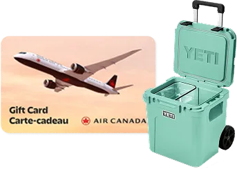Air Canada gift card and a seafoam green Yeti Roadie 48 wheeled cooler
