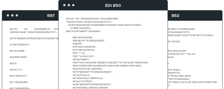 graphic showing raw EDI data for EDI 997, EDI 850, and EDI 852 transactions 